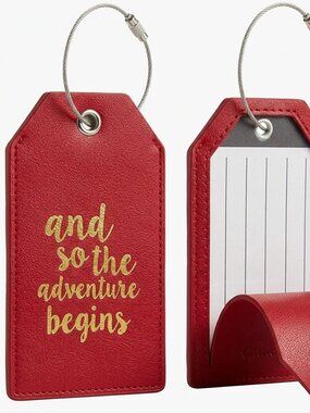 NEW RED Gold PU Leather AND SO THE ADVENTURE BEGINS Privacy Luggage Tags x 2